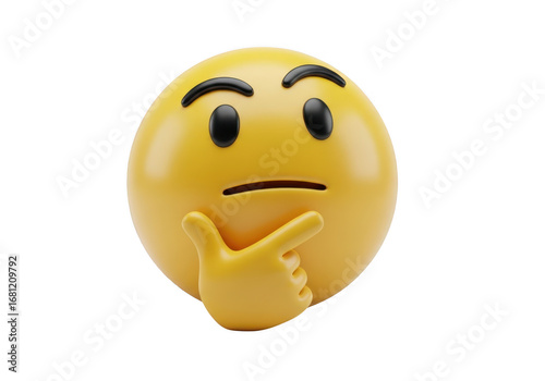 Yellow emoji face thinking with hand on chin isolated on transparent background