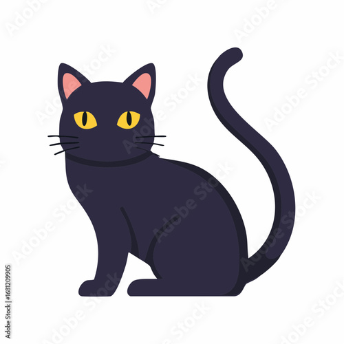 A sleek black cat with piercing yellow eyes sits attentively, its tail elegantly curled, embodying mystery and grace in a stylized illustration