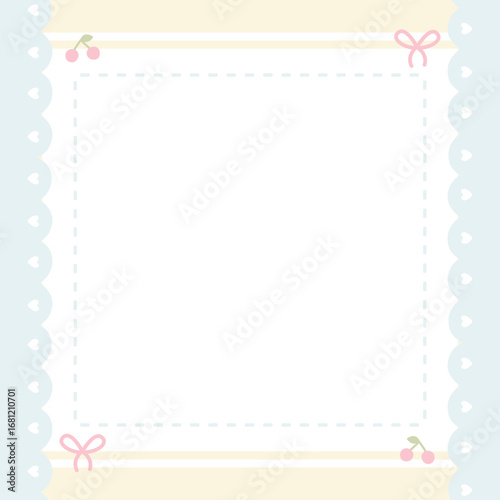 Cute kawaii template square vector frame. Cartoon hand-drawn doodle style. Perfect for stationery, design stickers for notes, notebook sheets, posts for social networks. Pastel palette.