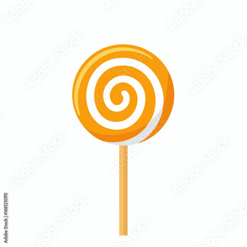 A vibrant orange and white spiral lollipop candy on a stick, a sweet treat illustration isolated on a white background. Simple flat vector icon design for confectionery concepts