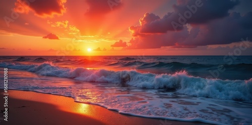Fiery orange sunset paints the sky, waves gently lap the shore , serene, seascape, view