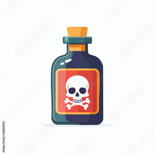 Flat vector icon graphic of a classic poison bottle with a prominent skull and crossbones warning label, symbolizing danger, toxicity, and hazardous substances for modern design