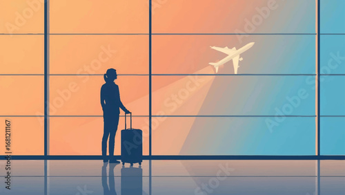 Digital painting of a traveler silhouette in an airport terminal with a suitcase, looking at an airplane in the sky