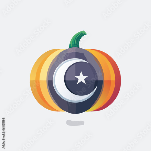 Flat vector pumpkin adorned with a crescent moon and star symbol. Clean, modern design representing autumn harvest, cultural festivals, and spiritual celebration