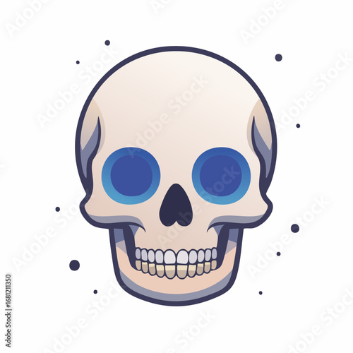 A flat vector illustration of a stylized human skull with mystical, glowing blue eyes. Spooky and cool graphic element isolated on a white background