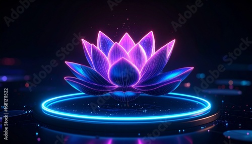 A futuristic neon lotus flower emitting a dazzling purple and blue glow, surrounded by a ring of digital circuitry on a dark platform. This modern design is perfect for a tech theme.
