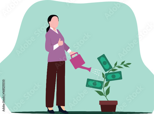 Watering Money Plant for Financial Growth Concept