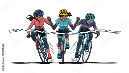 Triumphant Cyclists Crossing Finish Line: Captivating illustration showcases three determined cyclists racing towards the finish line.