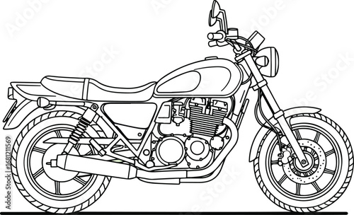 Motorcycle: A simple line art illustration of a vintage motorcycle, in a clean, minimalist, and hand-drawn style.