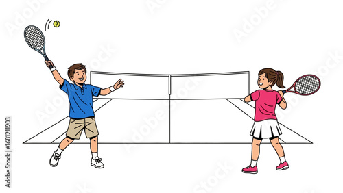 Tennis Match: A vibrant illustration captures two young children engaged in an exciting tennis match. With racquets in hand and a determined spirit, they serve and volley.
