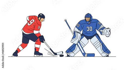 Ice Hockey Showdown: A dynamic illustration showcases a thrilling ice hockey match, with a player skillfully maneuvering towards the goal, set against the intense focus of a formidable goalie.