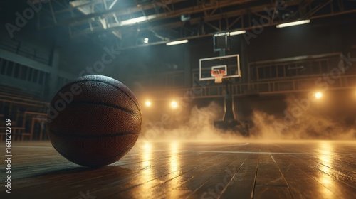 Basketball on court arena scene