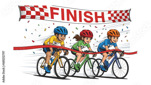 Racing Towards the Finish Line: A vibrant illustration capturing the thrill of a bicycle race, as determined cyclists pedal with focus toward the finish. 