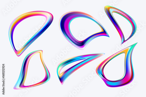 Set of iridescent fluid shapes and bubbles. Collection of colorful vector design elements.