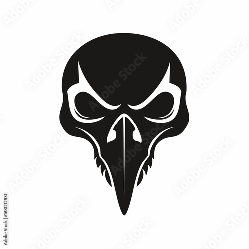 Dark and enigmatic vector illustration of a stylized raven skull, featuring a flat, clean, and scalable design, perfect for gothic, mysterious, and Halloween-themed projects and branding