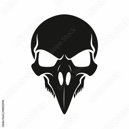 Black and white vector illustration of a menacing gothic skull fused with a sharp bird beak. A dark horror-inspired hybrid creature icon for a mascot or emblem