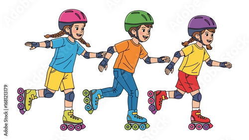 Speedy Rollers in Action: Three youthful roller skaters glide gracefully along a pathway, their bodies displaying a vibrant synergy of motion.