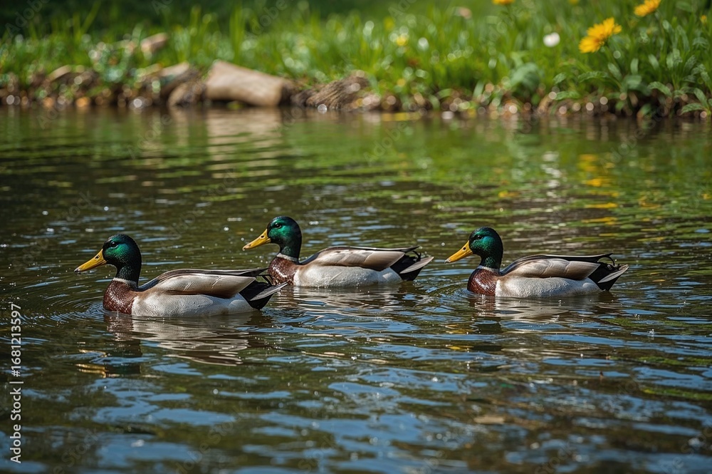 Obraz premium A trio of mallard ducks gliding through a park pond in spring