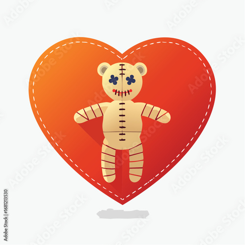 Voodoo Doll in a Stitched Heart A Simplified Flat Halloween Symbol with Geometric Clues