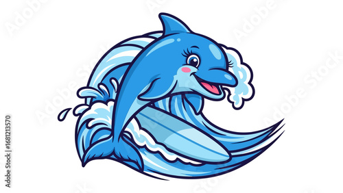 Dolphin Surfing the Wave: A cartoonish dolphin elegantly surfs a cresting wave with a surfboard in a dynamic display of aquatic joy and freedom, embodying the spirit of play and nature.