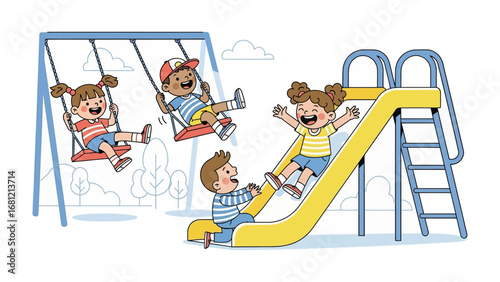 Playground's Joy:  Joyful illustrations capture a moment of childhood bliss on a playground, with children enjoying swings and slides under a clear sky.