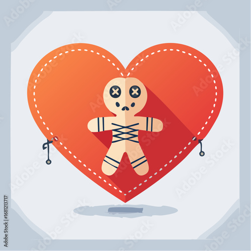 Heart with Voodoo Doll Flat Icon Vector Illustration