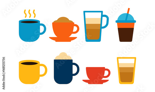 Colorful flat style coffee beverage icons set