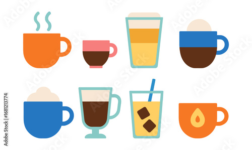 Colorful coffee cups and mugs in flat style