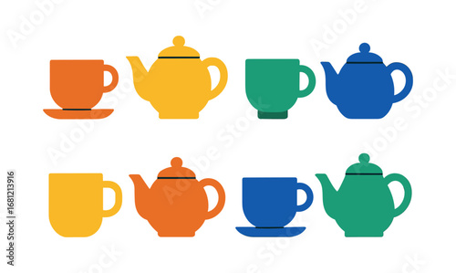 Colorful flat tea set silhouettes: cups and teapots in bold primary hues