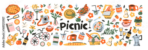 Picnic stickers in retro cartoon. Basket with food, cozy blanket, fruits, sandwiches, tableware, drinks — cheerful summer picnic elements in funky doodle trendy  illustration.