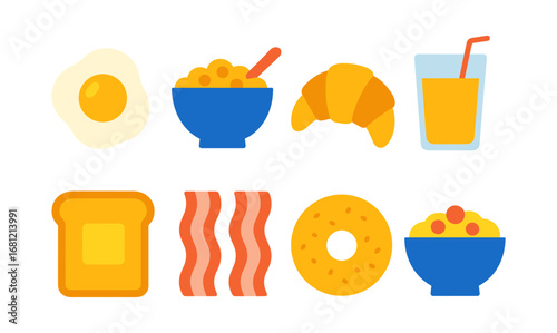 Colorful breakfast items: eggs, cereal, pastries, toast, and juice in flat design