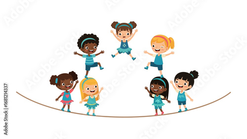 Harmony on a Tightrope: A colorful illustration showcases a diverse group of children balancing on a tightrope. Each child confidently demonstrates their grace, creating a beautiful scene of teamwork.