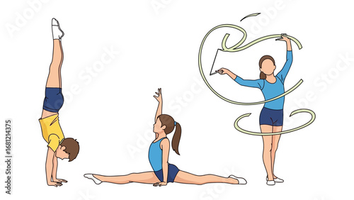 Gymnastics: A composite image captures the elegance and athleticism of gymnasts, each frozen mid-performance: a perfect handstand, a graceful split, and a ribbon routine.