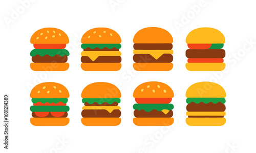 Colorful flat style burger icons set for fast food menu designs