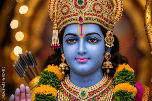 Shree Ram half-length portrait with ornate kirit and marigold mala.