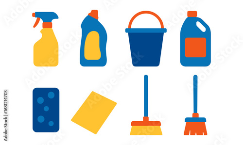 Colorful flat cleaning supplies icons for home and office hygiene