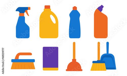 Colorful cleaning supplies set featuring brushes and bottles with flat modern design