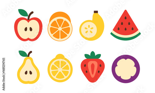Colorful flat style fruit icons collection for digital design projects