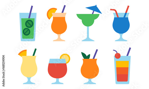 Colorful assorted cocktails collection featuring tropical drinks in modern flat design style