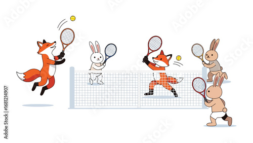 Tennis Match of The Foxes and Rabbits: Vibrant illustration capturing a friendly tennis match, where foxes and rabbits playfully rally with racquets and balls.
