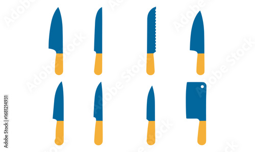 Set of modern flat kitchen knives with blue and yellow handles
