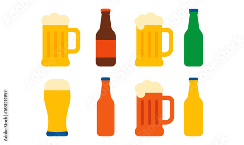 Colorful flat beer and bottle collection: mug, pint, and lager bottles for brewery themes