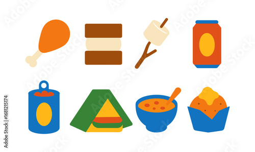 Flat vector icons of camping food and equipment in vibrant colors