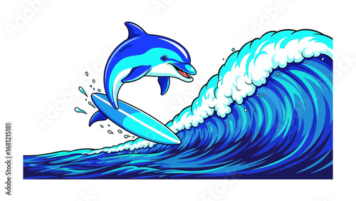 Dolphin Surfing the Wave: A vibrant dolphin gracefully surfs a towering wave, embodying the spirit of the ocean and the joy of surfing.