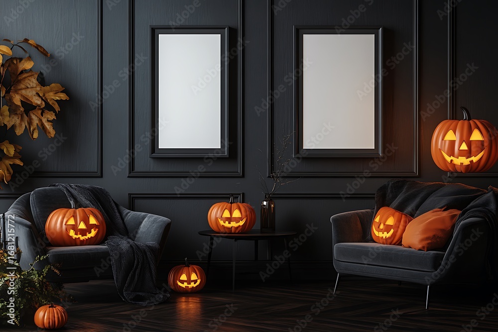 Obraz premium Spooky elegant Halloween living room with glowing jack-o'-lanterns and empty frames for decor