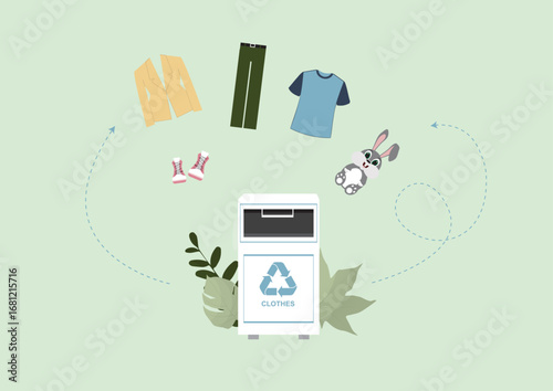Clothing Recycling Bin with Textile Items. Clothing recycling container. Textile waste. Recycle and sustainable fashion.  Reuses clothes. Flat style. Waste management concept. Vector illustration