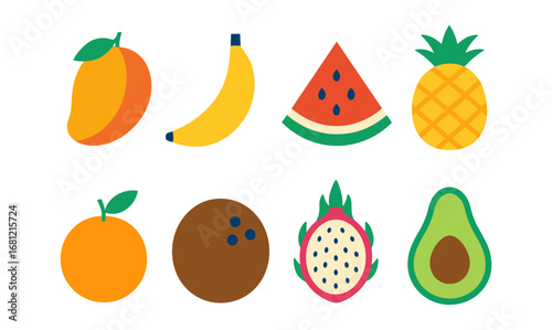 Colorful flat style fruit icons: tropical selection with simple shapes