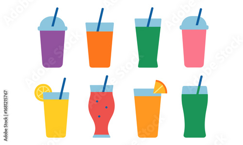 Colorful flat style beverage collection with straws