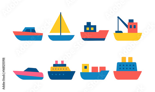 Colorful flat nautical icons of boats and ships for graphic design