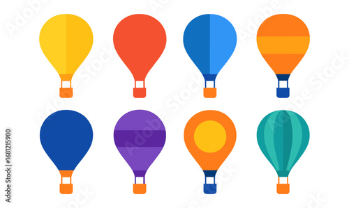Colorful hot air balloons in minimalist flat design set on white background